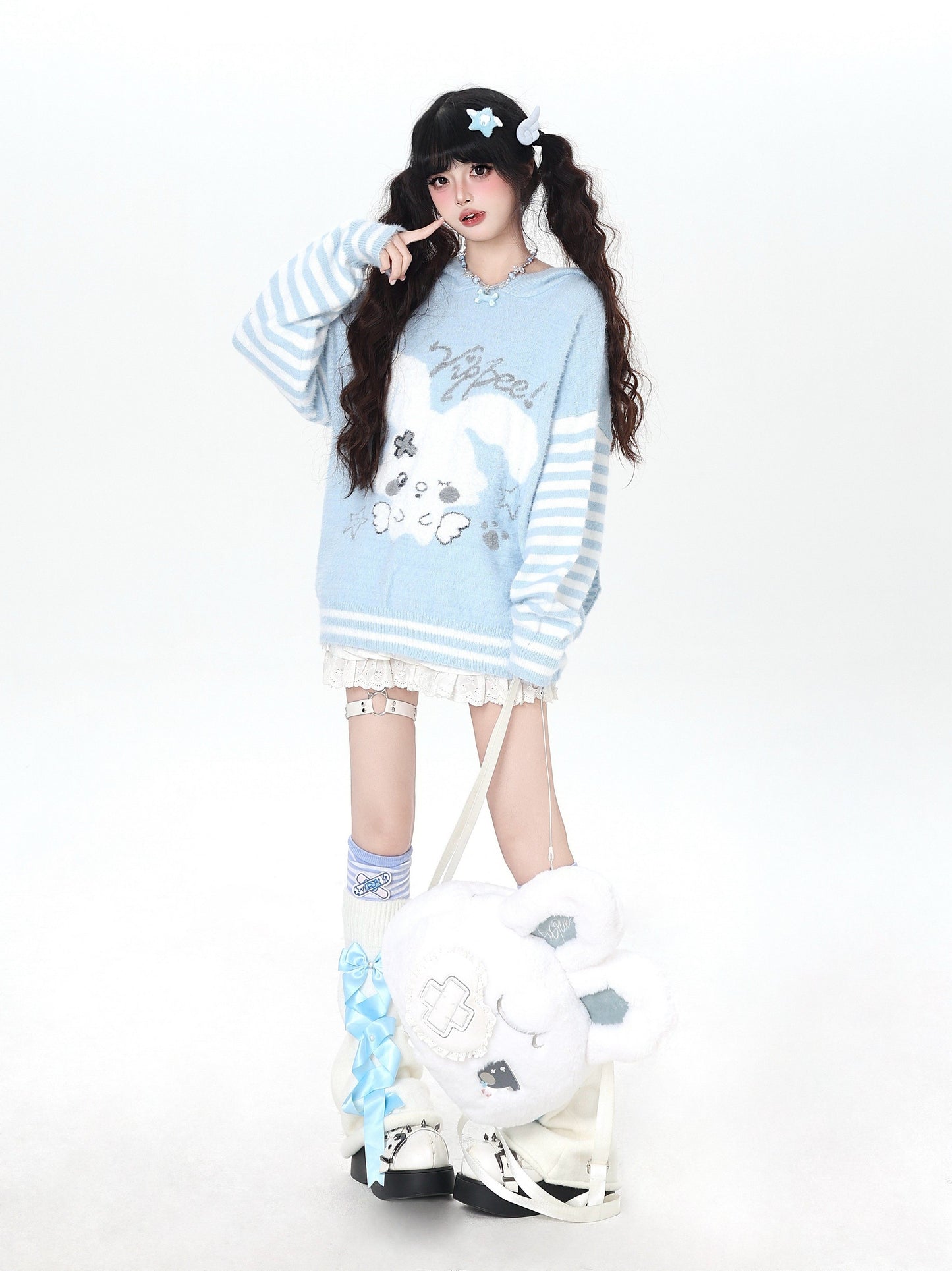 うさ耳フード入り ボーダーゆるニット