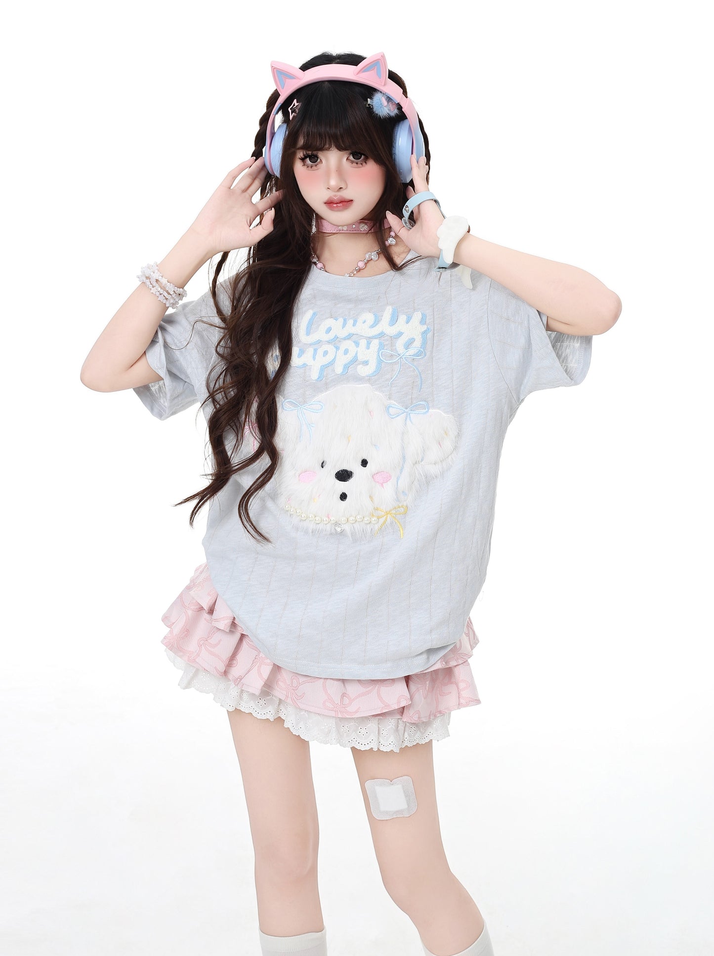 ふわふわ犬のデザインゆるTシャツ(微透け)