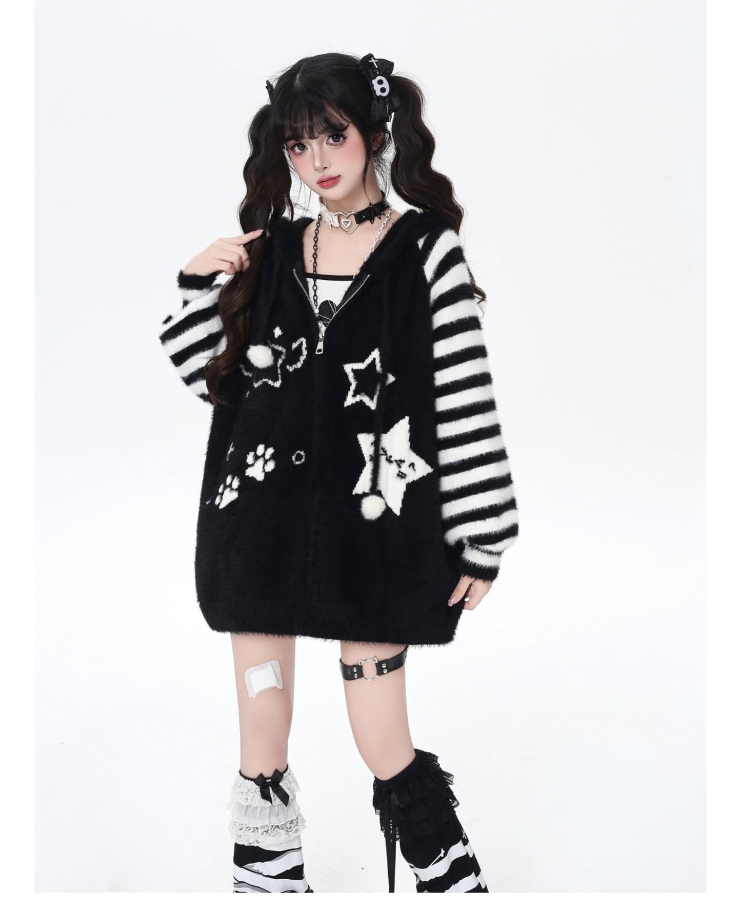 星柄ボーダーVネックフーディーニットカーデ