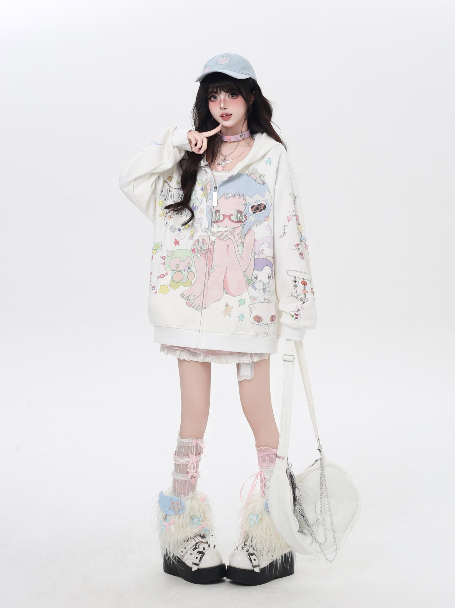 水色ガーリー 二次元アニメプリントゆるパーカー 可愛い系