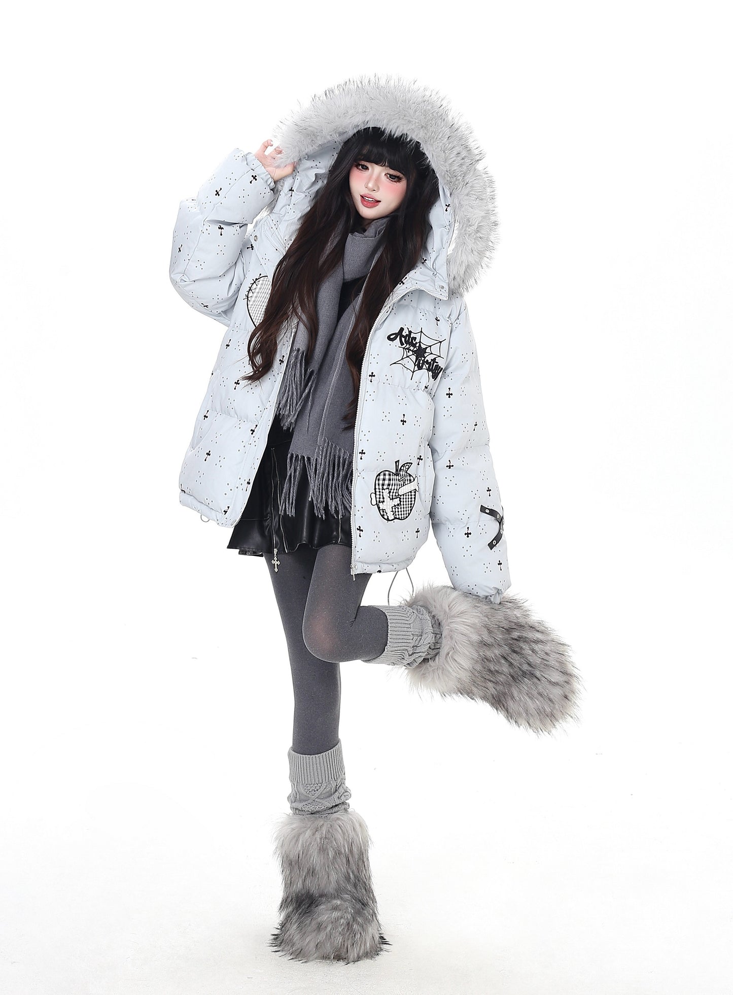 雪柄フード付き取り外し可毛襟コットンジャケット