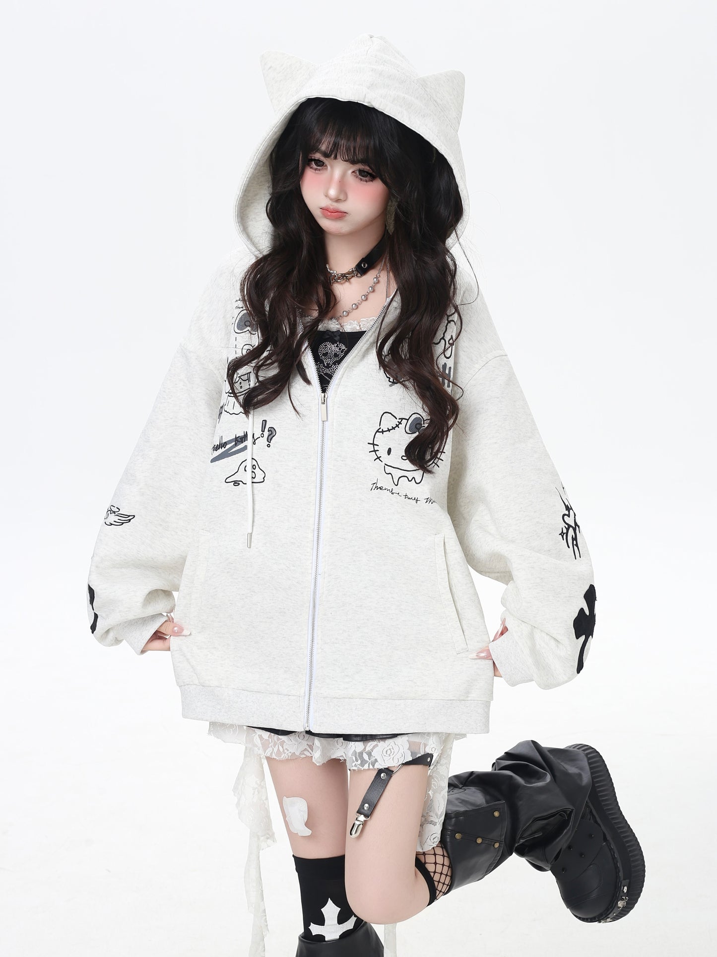 地雷系ダークキャット 黒グレーゆるパーカー 秋のジップアップ