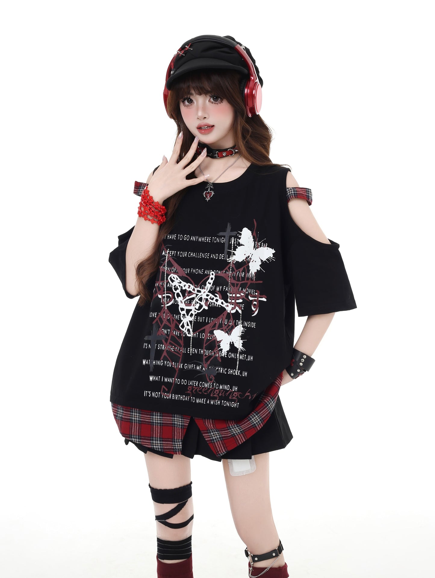 パンク風チェック柄オープンショルダーゆったりTシャツ