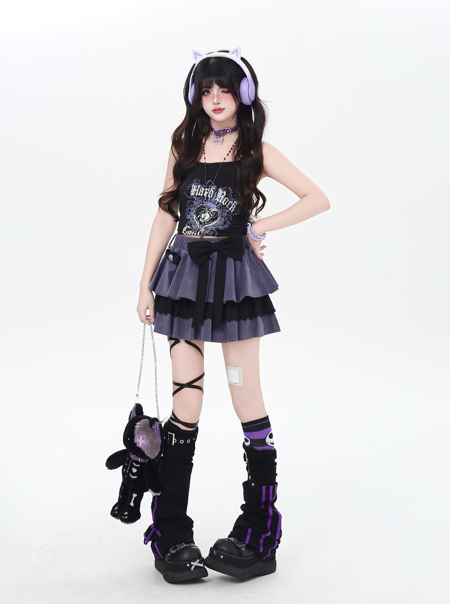 オリジナル地雷系黒紫リボンコーデュロイケーキスカート秋冬