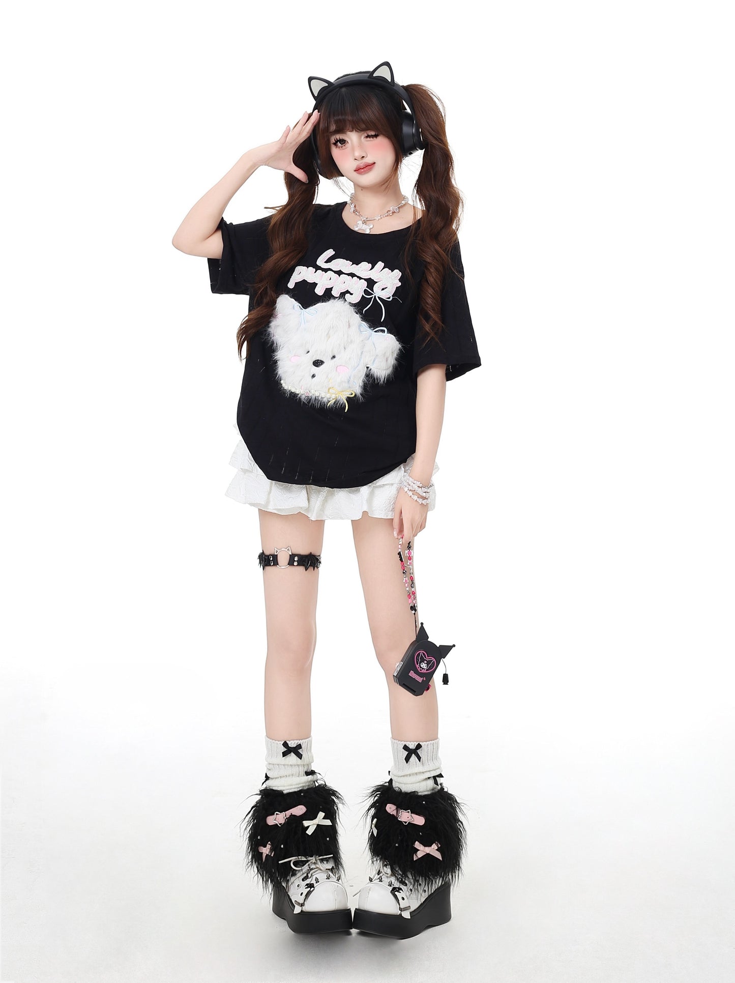 ふわふわ犬のデザインゆるTシャツ(微透け)