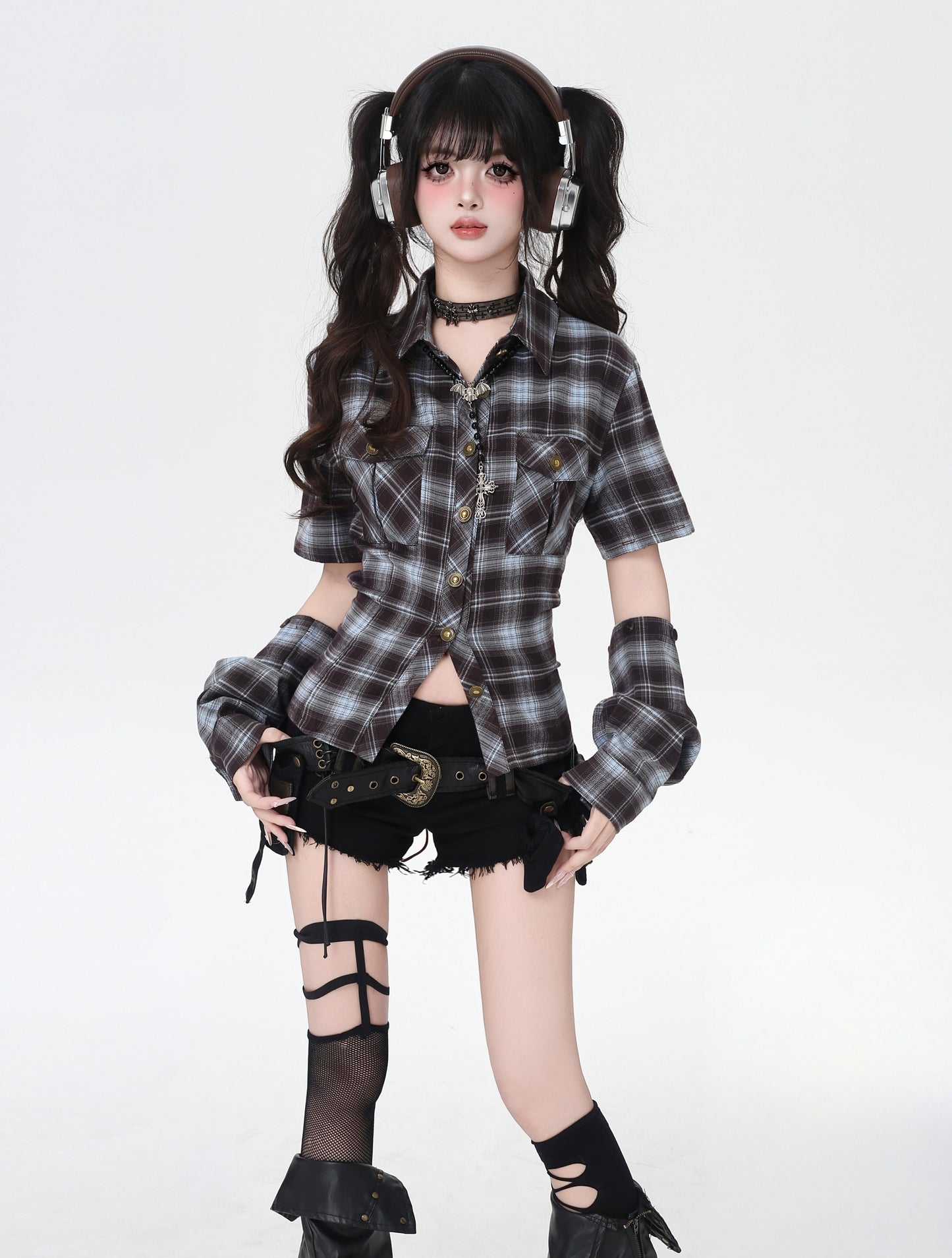 ギャル×チェック バックシャンレースアップシャツ