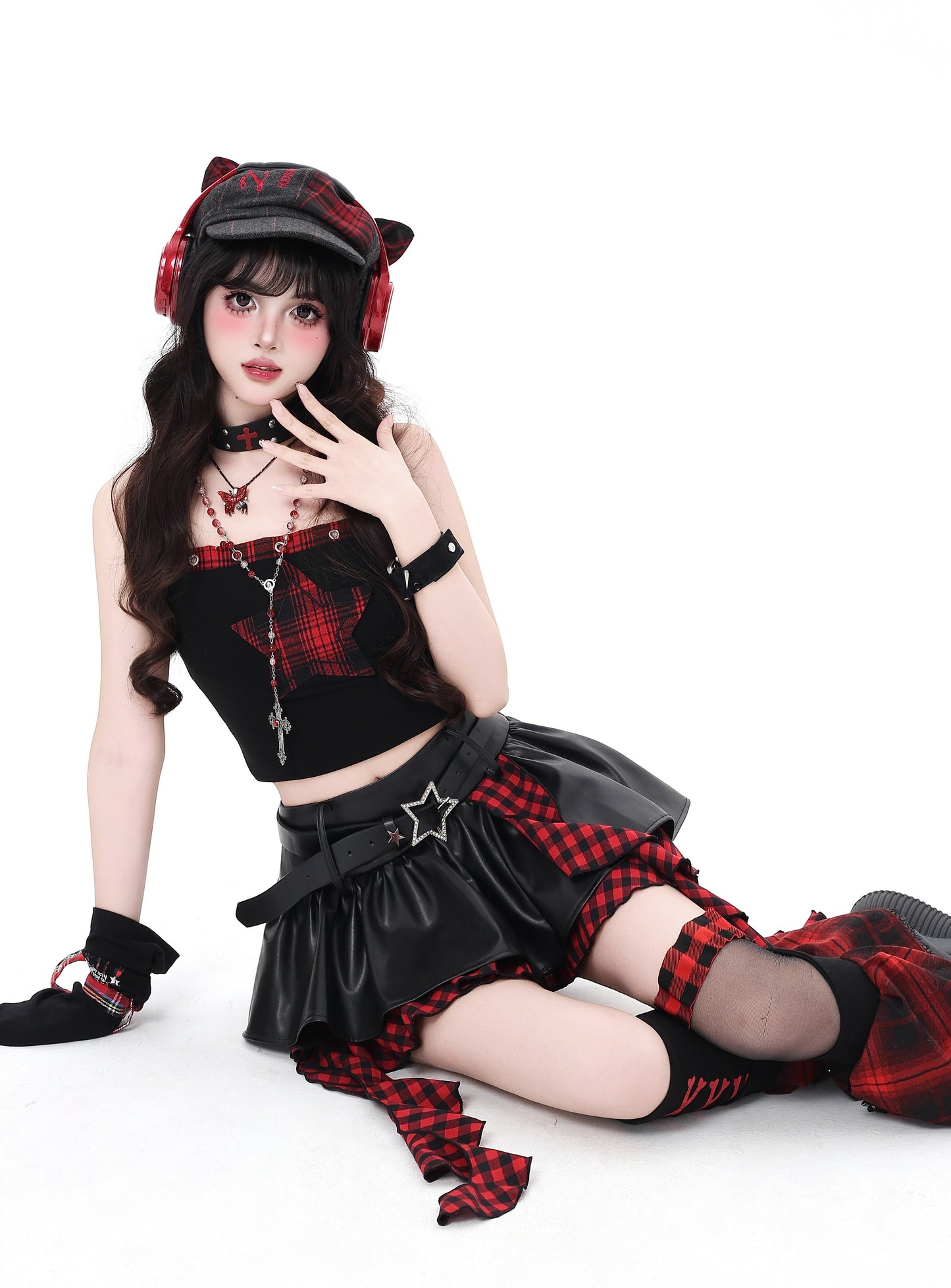 闇フリンジレザー アシメスカート