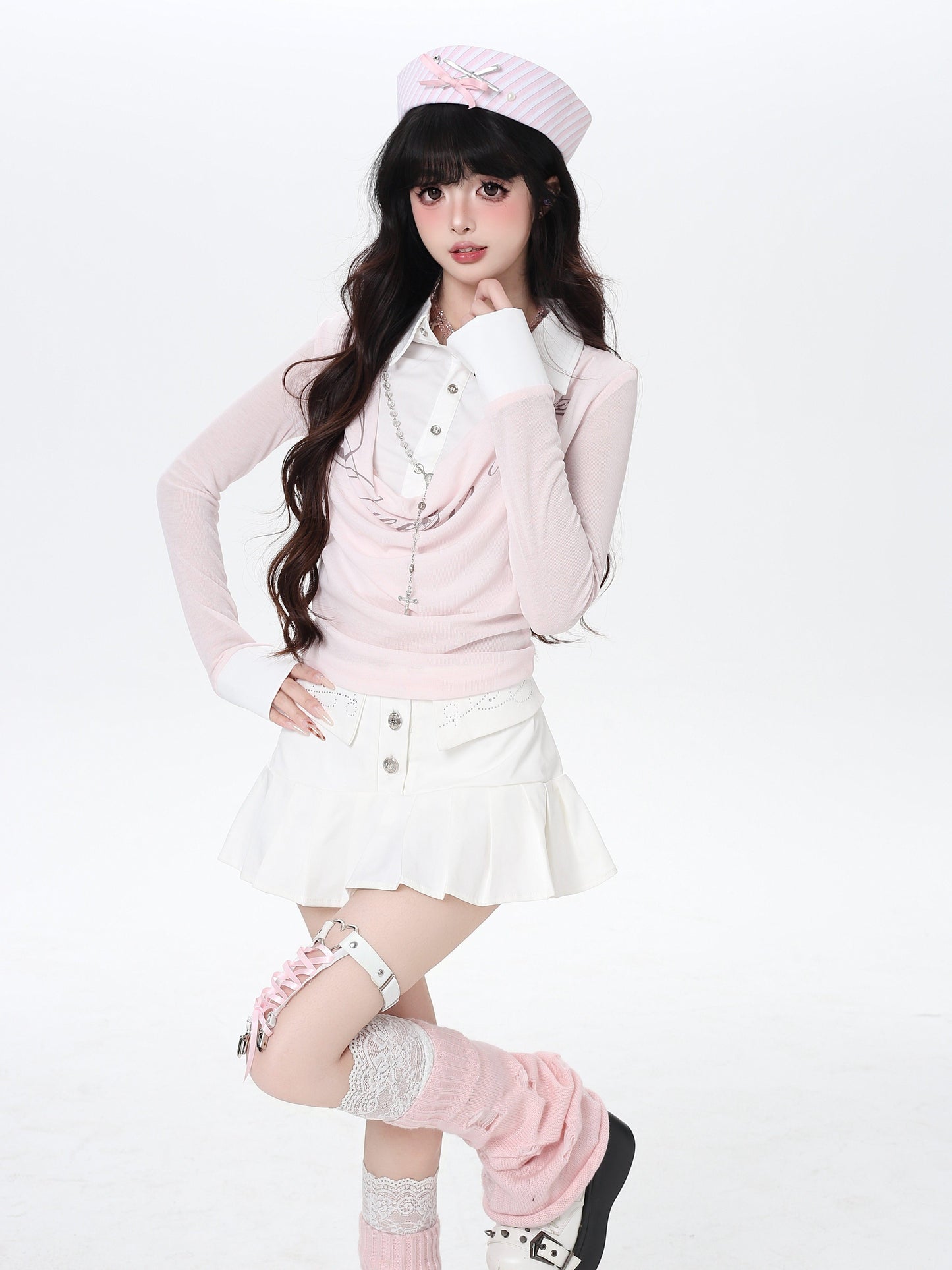 ポロ風レイヤードトップス|韓国ガーリー・細見え