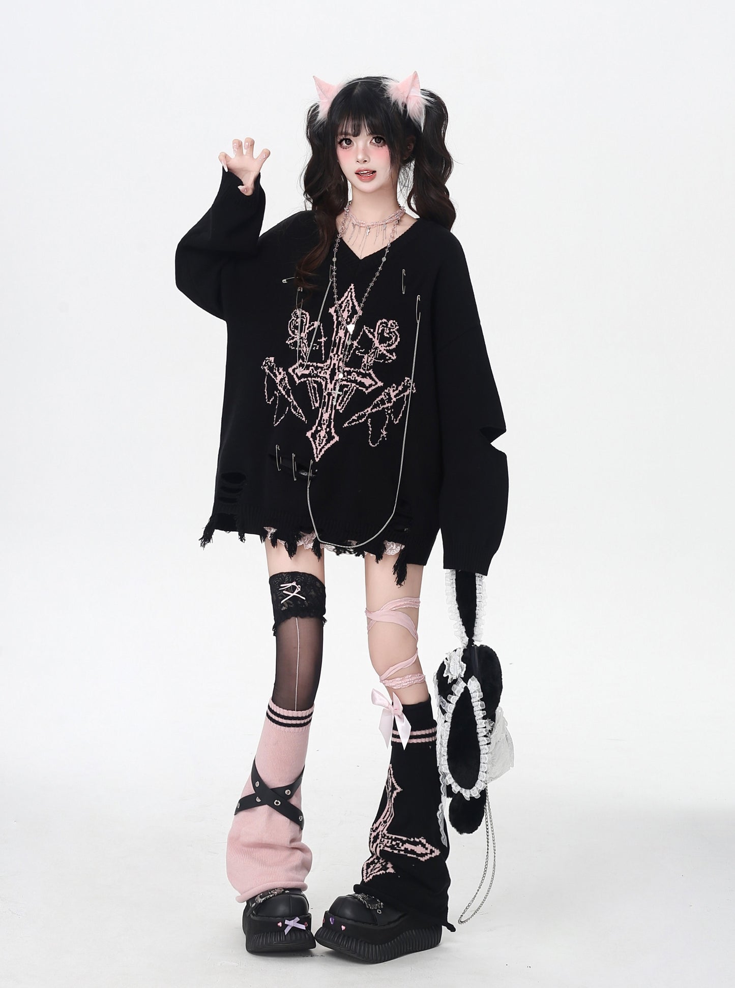 十字架×条纹デザイン感ニーハイソックス