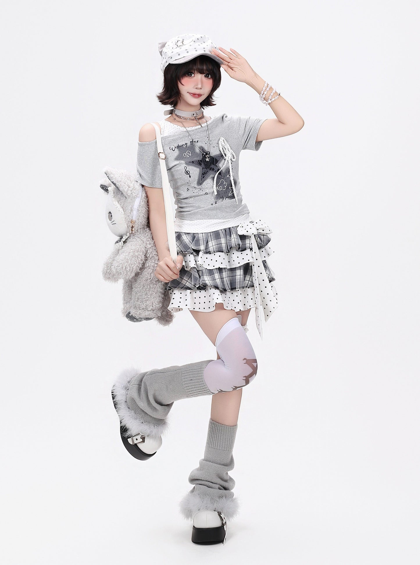 アシメ星柄ダメージTシャツ