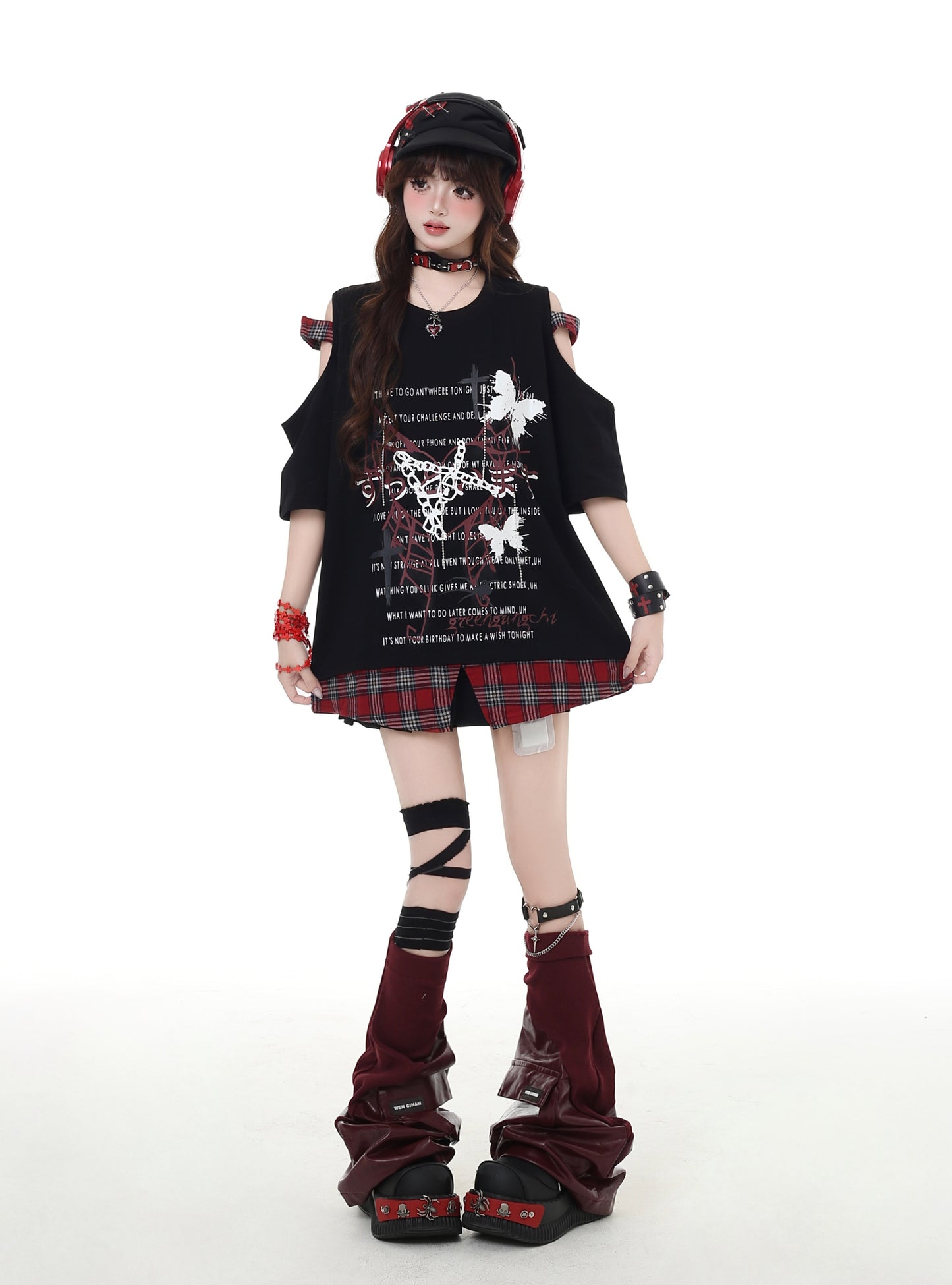 パンク風チェック柄オープンショルダーゆったりTシャツ