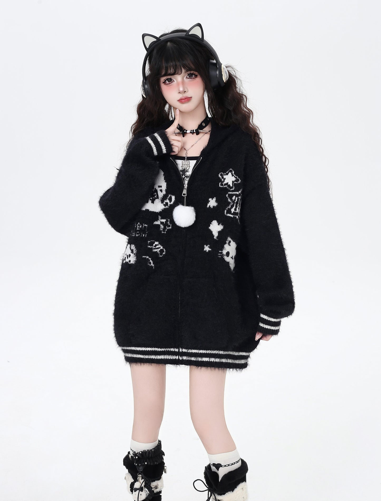 うさ耳フーディー付きゆるカワカーディガン秋冬