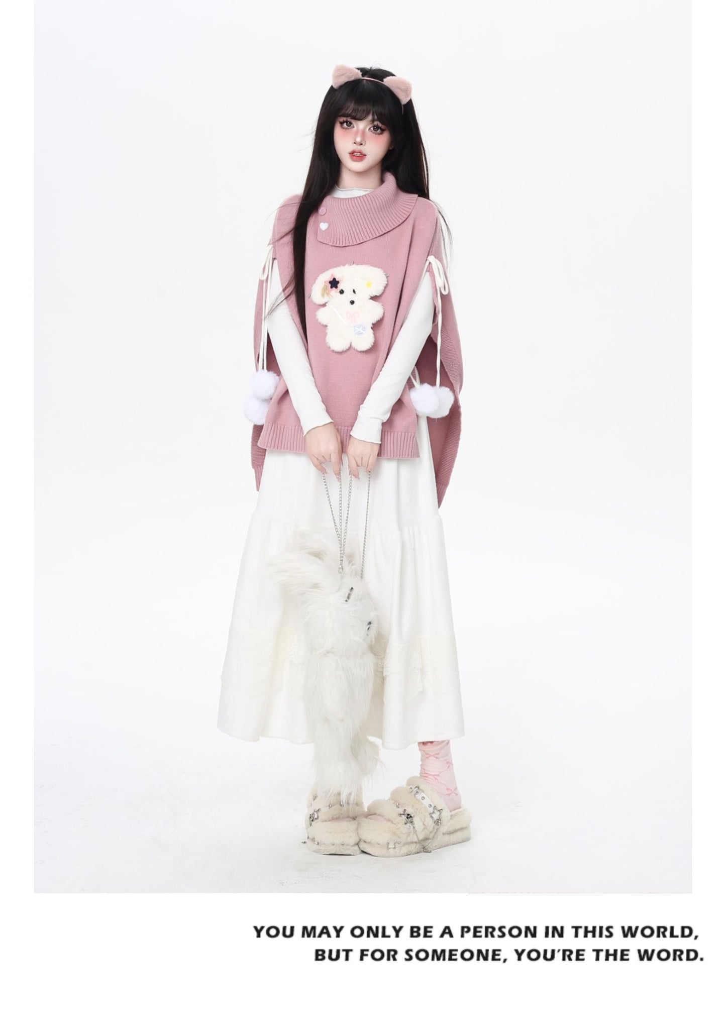 もこもこ犬モチーフニットポンチョ♡ゆるかわハイネックケープ冬