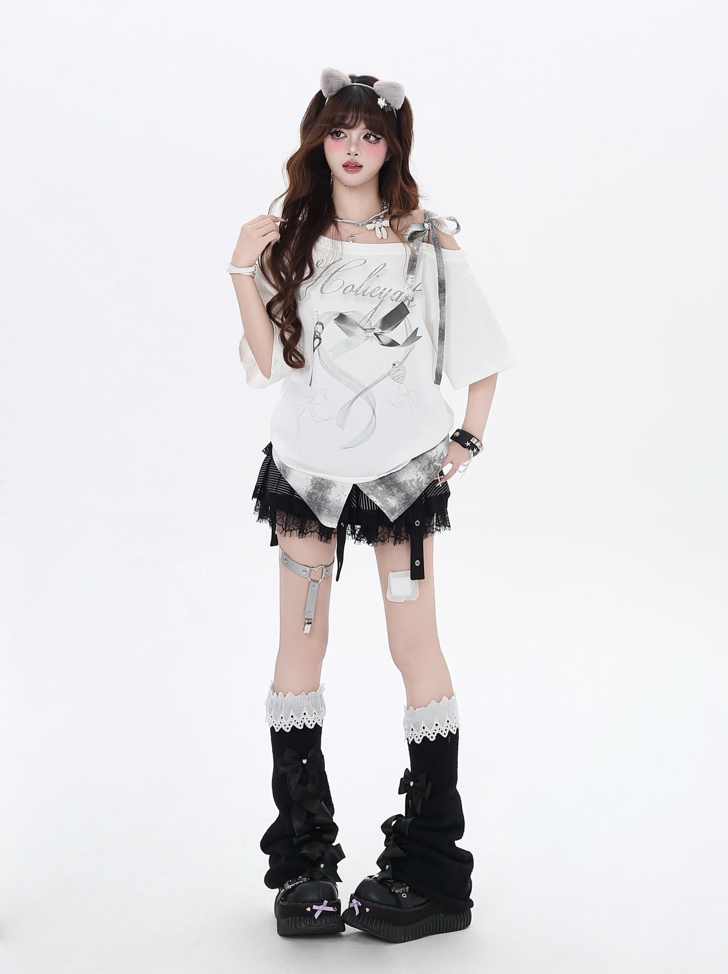 リボン×チェック切り替えオフショルTシャツ