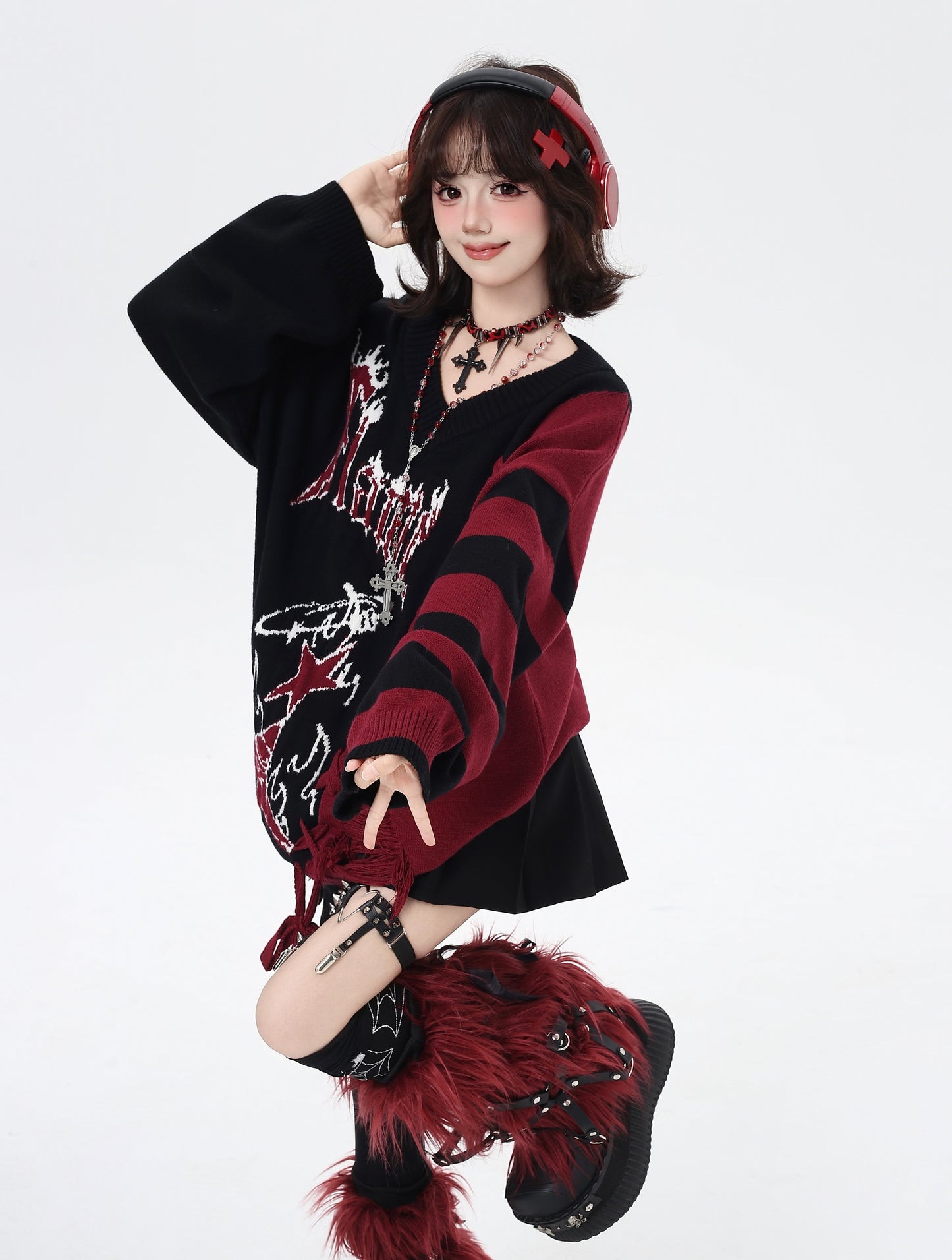 ゆるギャル系 Vネック配色リボンニット♡秋冬甘辛ミックス