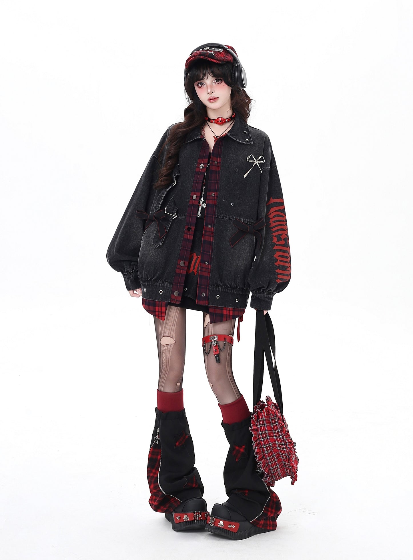 リボン付きデニムレイヤードジャケット|甘辛ストリート