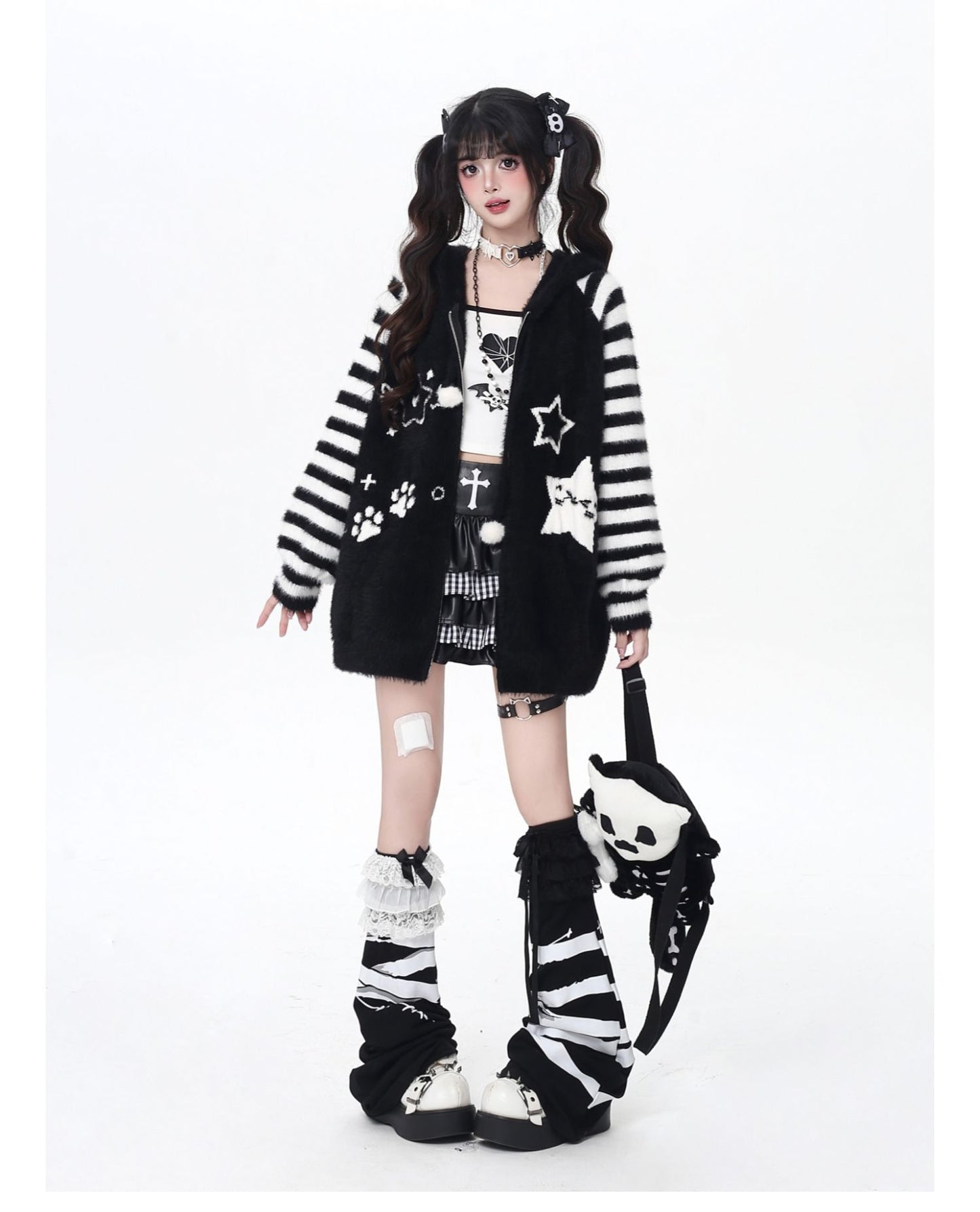 星柄ボーダーVネックフーディーニットカーデ