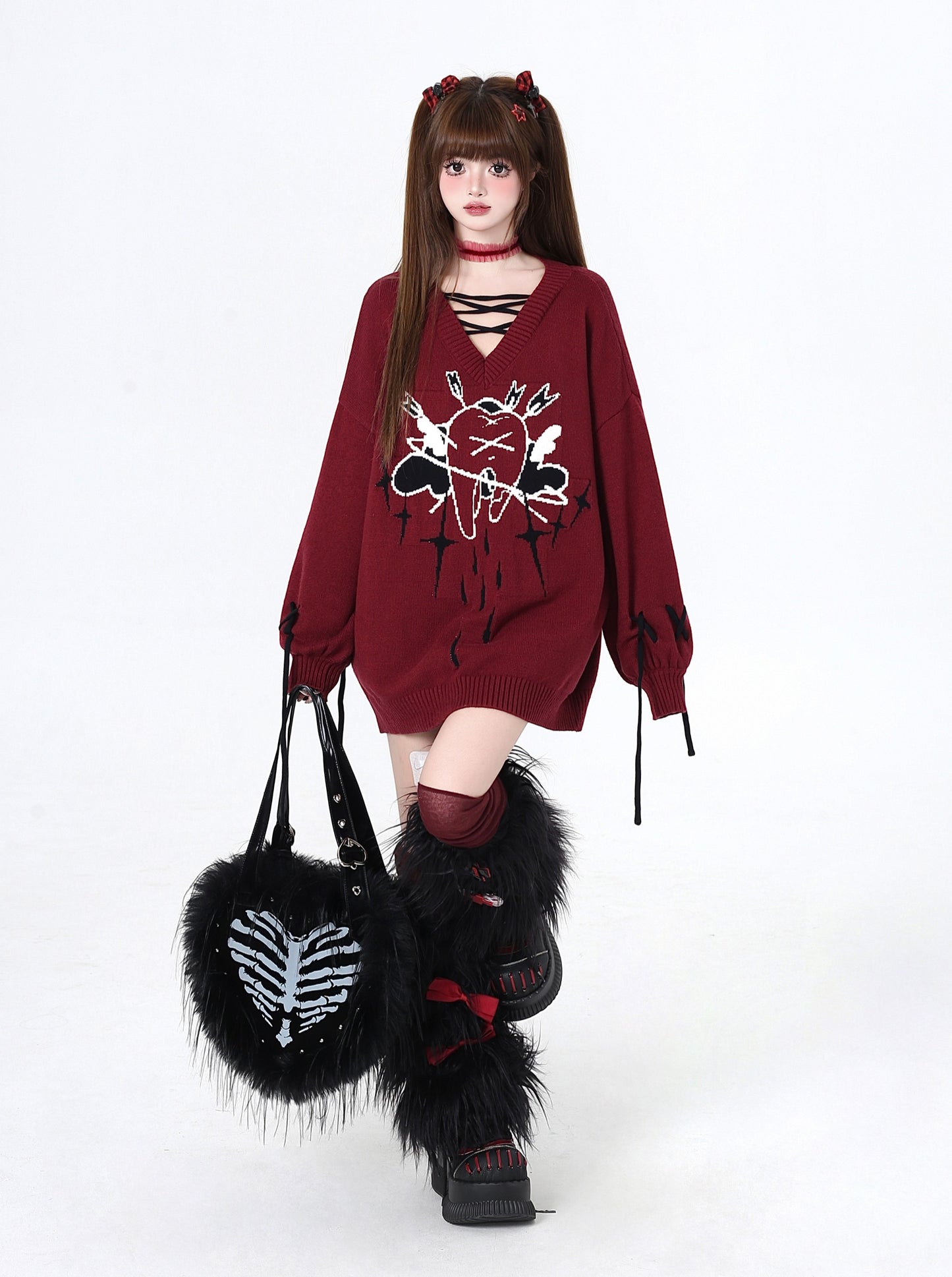 Vネック×リボン ゆるニットトップス