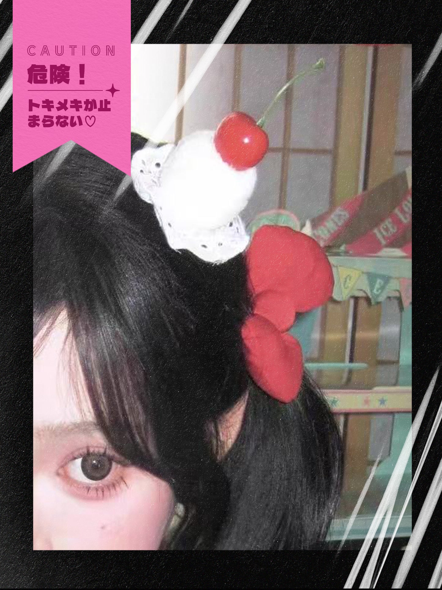 🍓ストロベリーケーキ風🎀レッドリボン付きファーボールヘアクリップ
