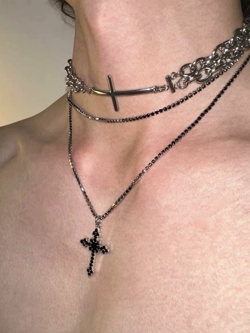 Silver Cross Chain Necklace Set
