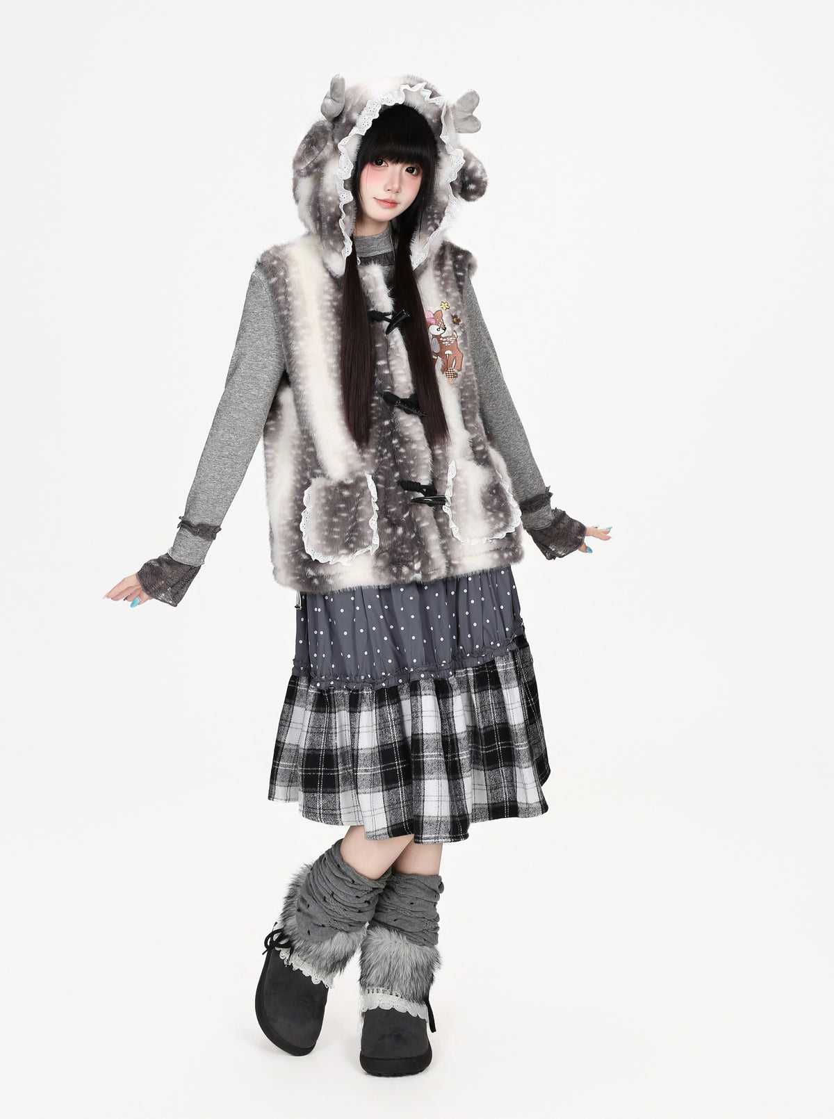 子鹿柄ふわふわダッフルベスト