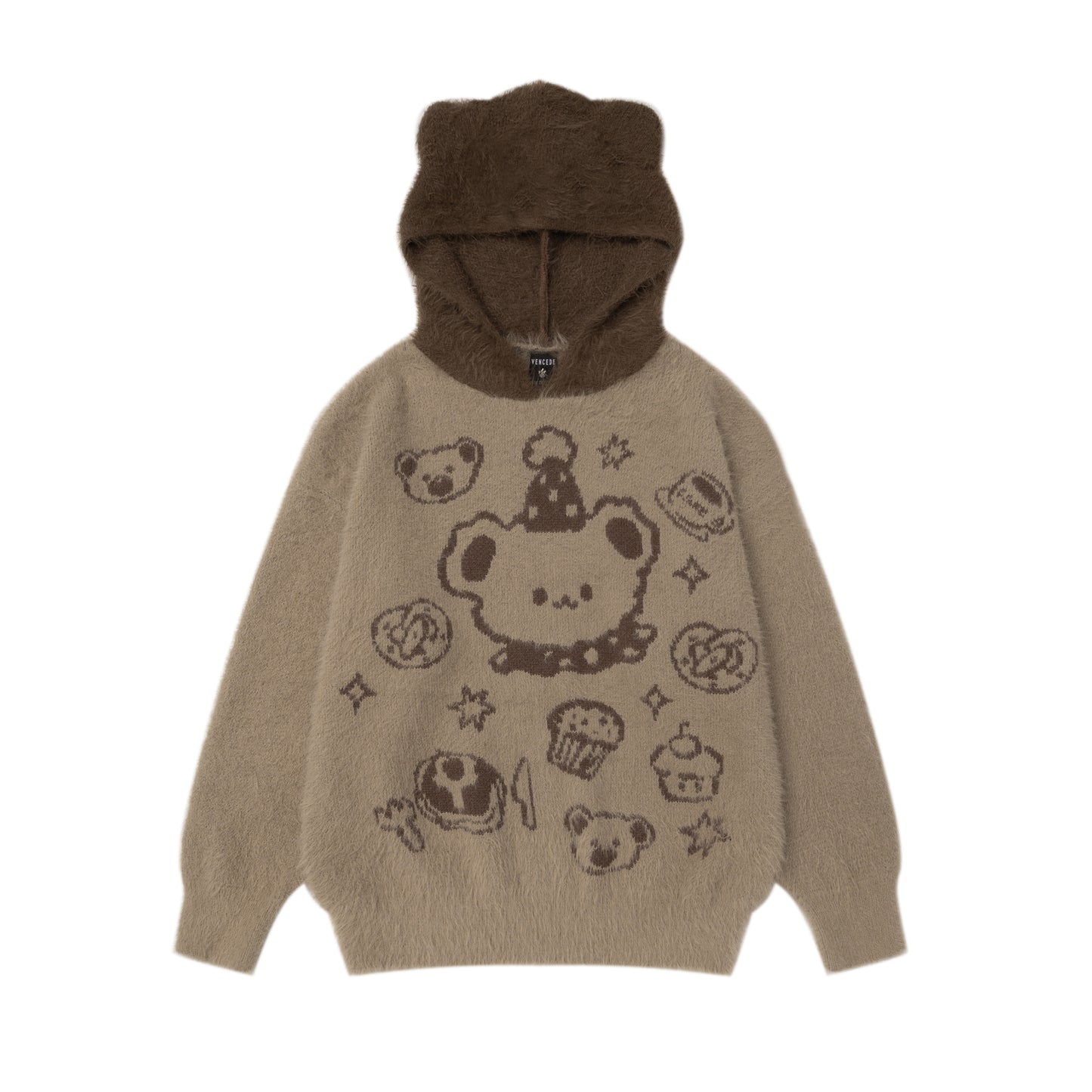 可愛いクマ刺繍フード付きフェイクミンクゆったりニット