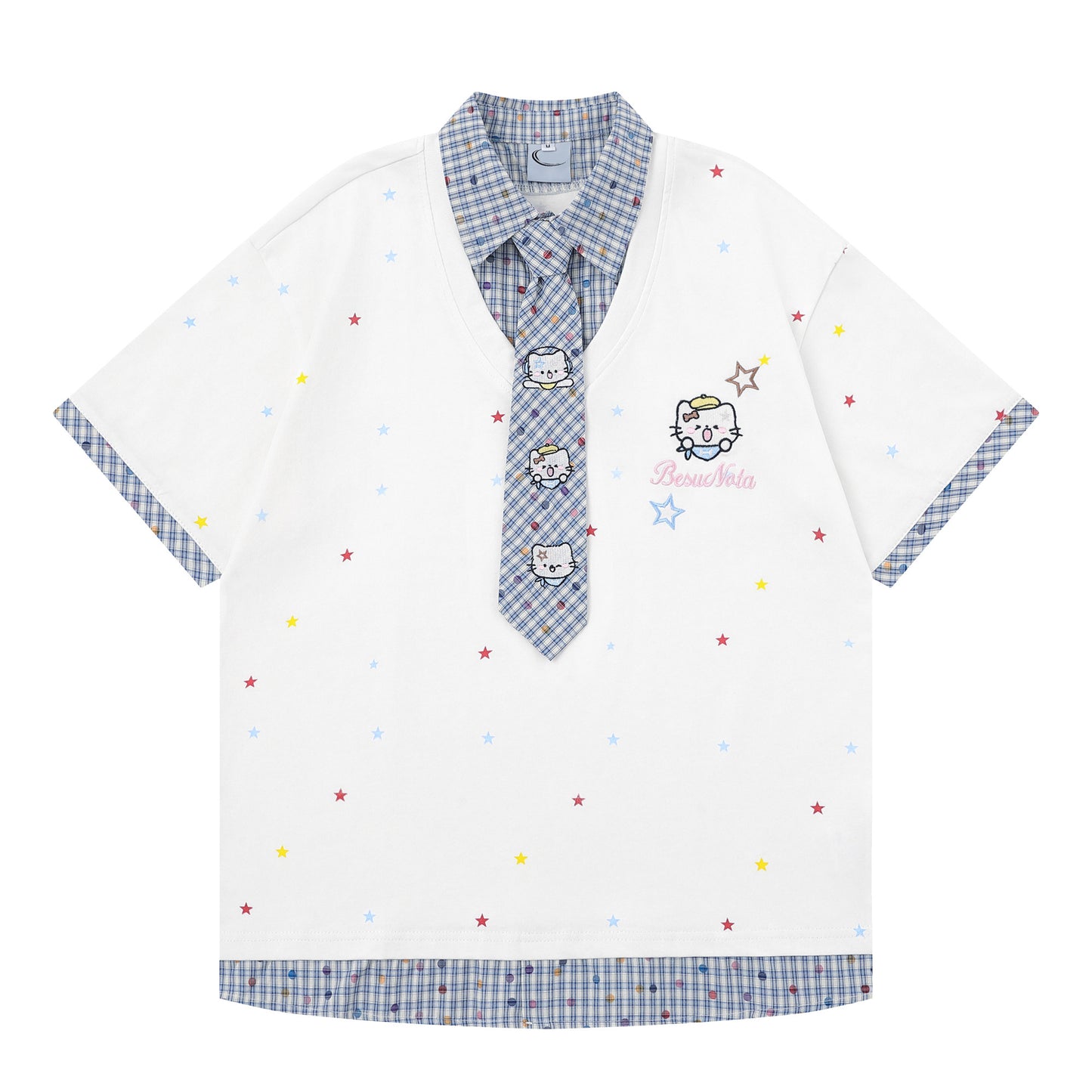 チェック柄レイヤード風KT刺繍Tシャツ