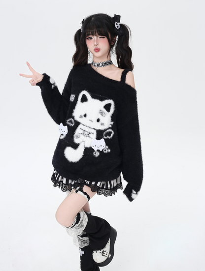 キャットモチーフアシメオフショルニット