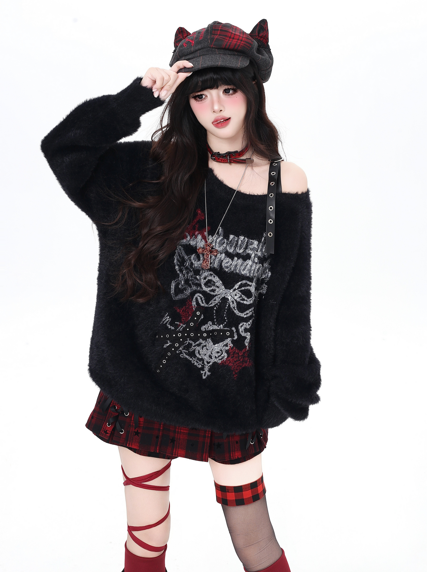 リボンオフショルフェイクファーニット