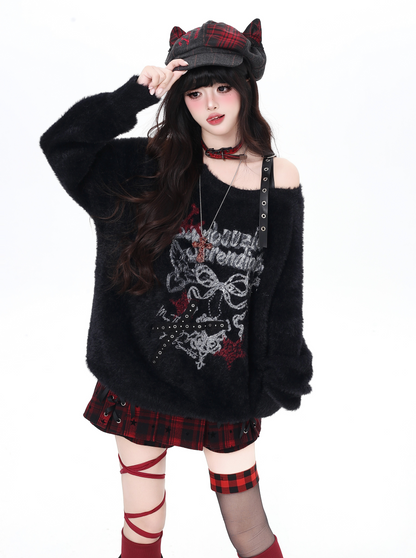 リボンオフショルフェイクファーニット