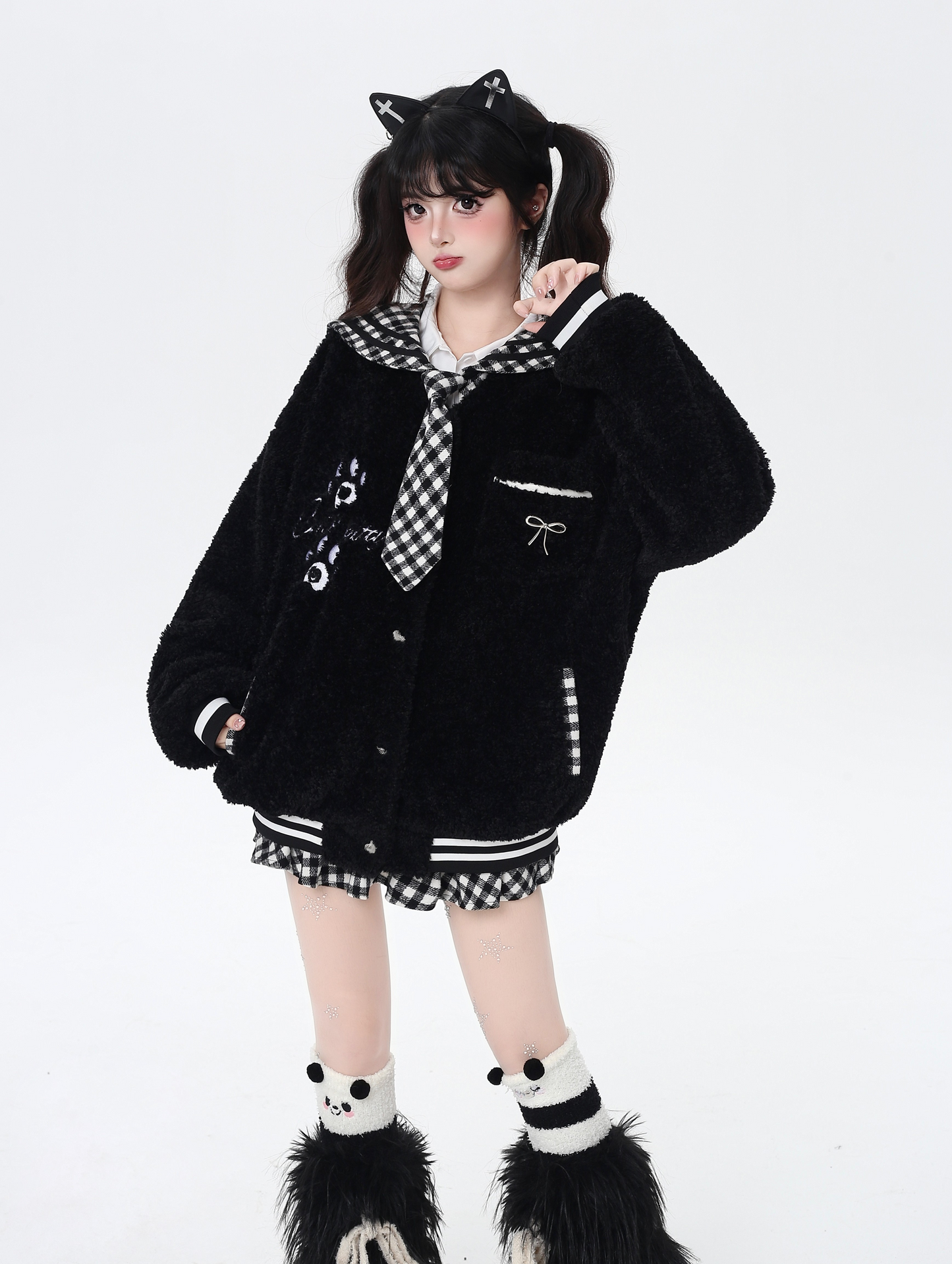 チェックセーラー襟ボアジャケット