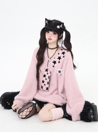 星モチーフフェイクファー重ね着風ニット