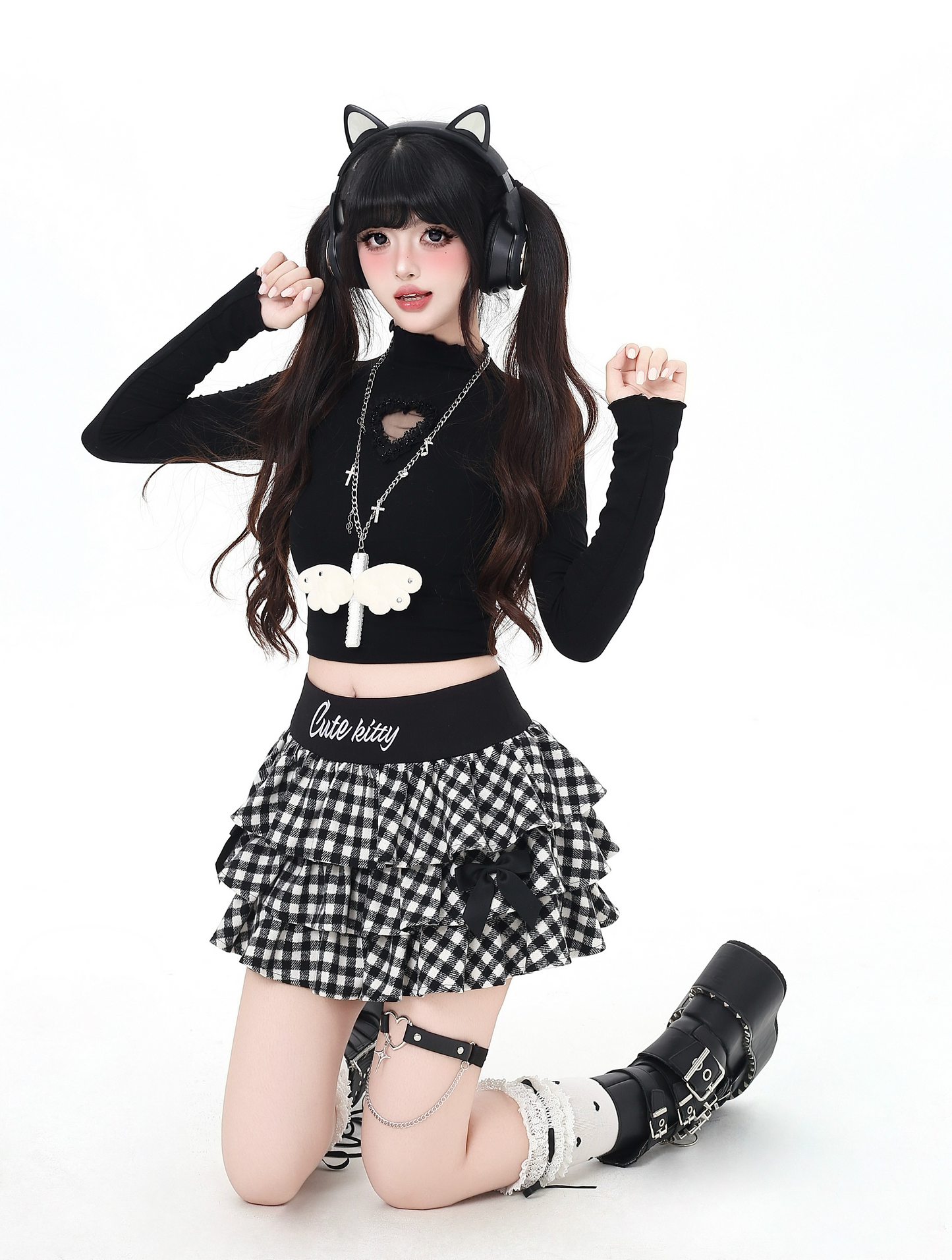 チェック刺繍リボンフレアスカート