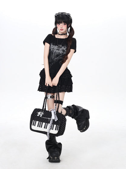 アシメオフショルフリルプリントT