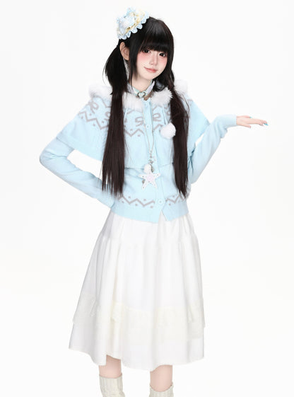 フェアアイル柄ファーフード付きケープ風ニット