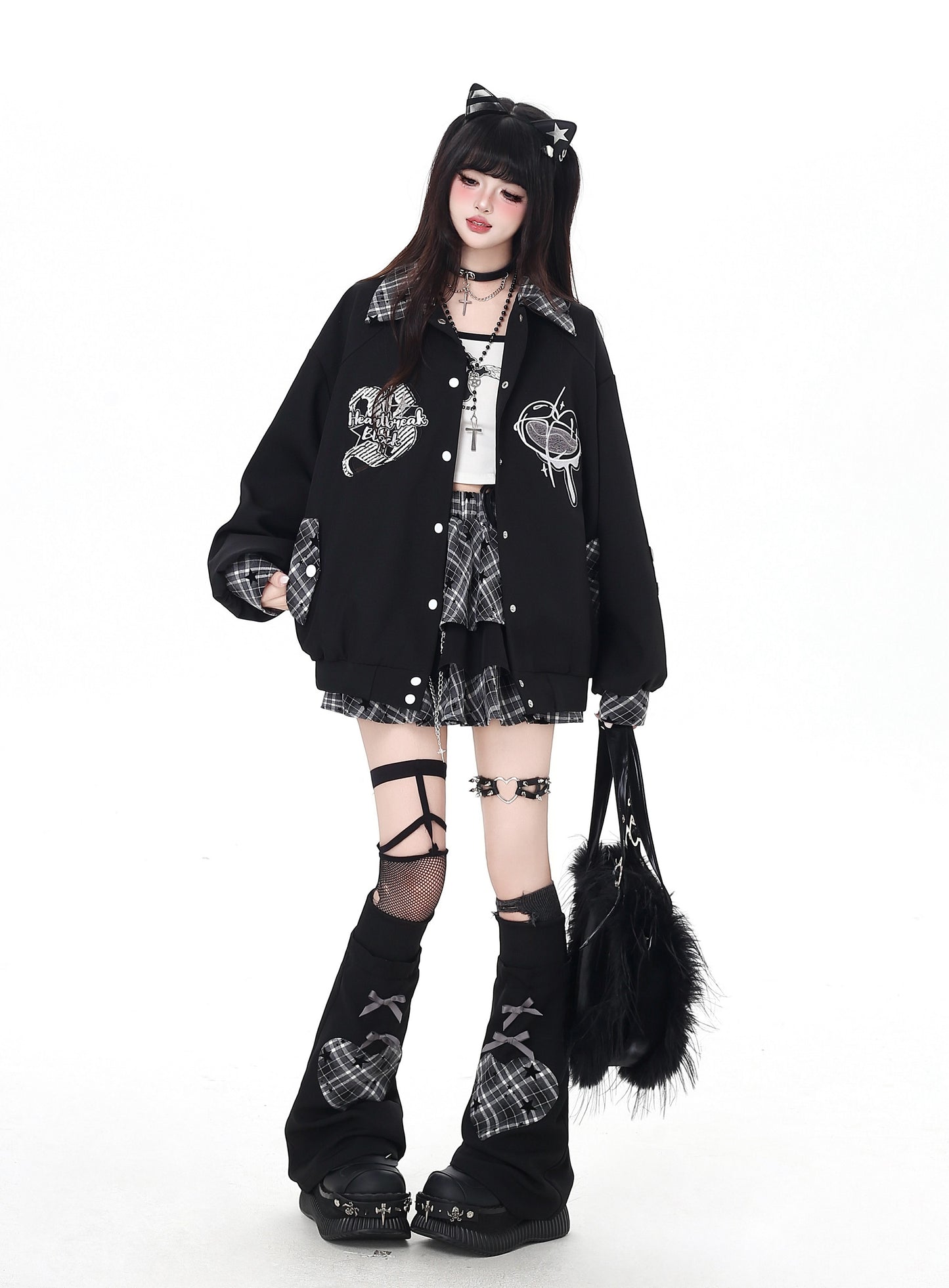 刺繍チェックパッチワークベースボールジャケット