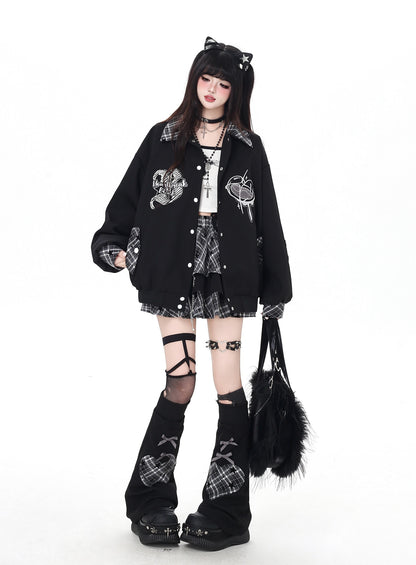 刺繍チェックパッチワークベースボールジャケット