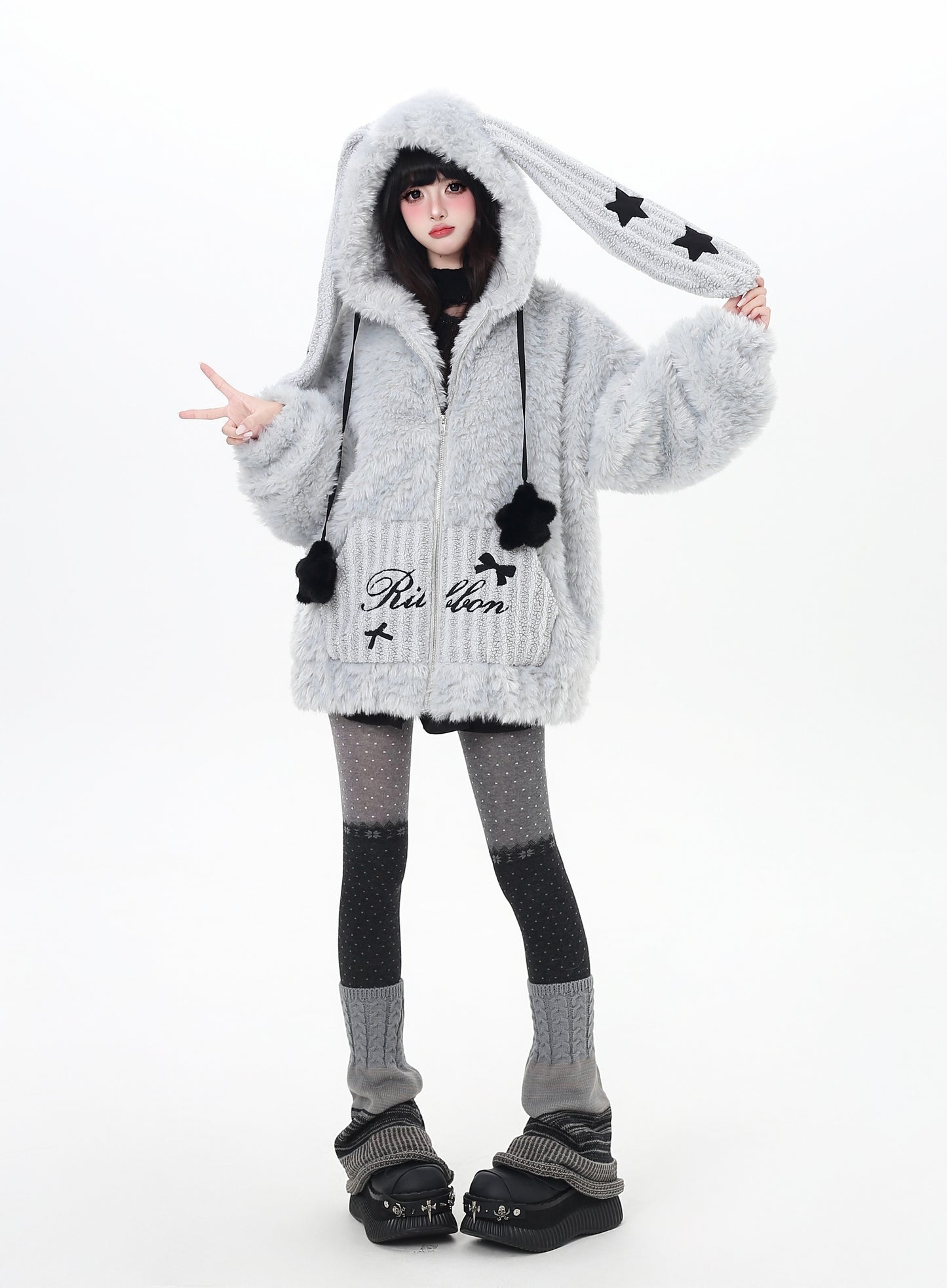 うさ耳フード×星柄ボアジャケット