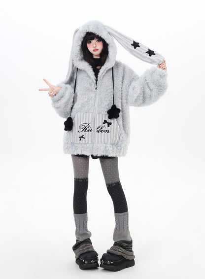 うさ耳フード×星柄ボアジャケット