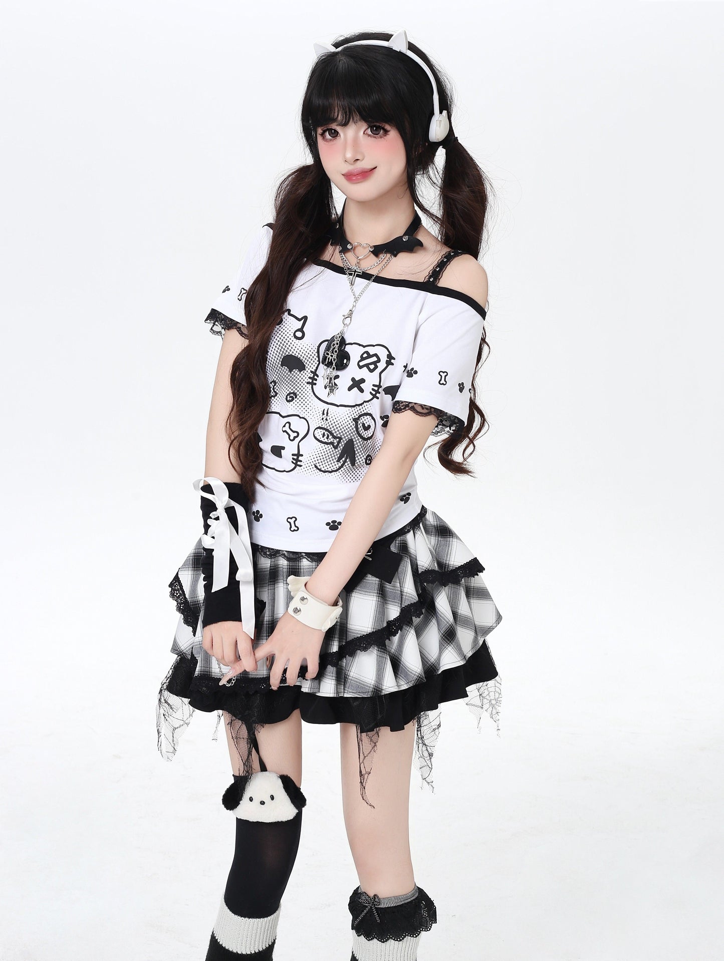 ねこプリントレースキャミレイヤード風T