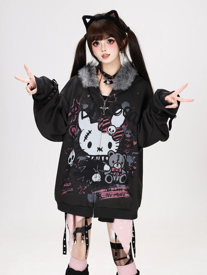 ダークうさぎグラフィックファー付きジップパーカー