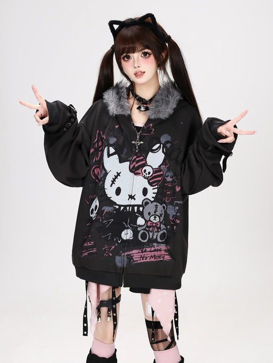 ダークうさぎグラフィックファー付きジップパーカー