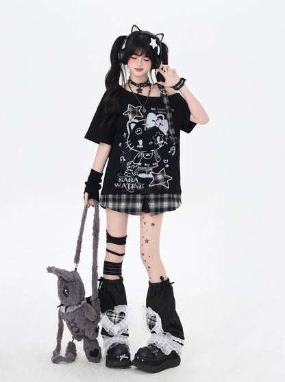 ネコ柄×チェック肩あきTシャツ