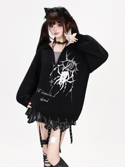 スパイダーグラフィック襟付きVネックニット
