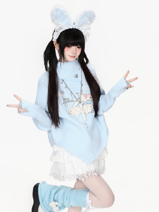 イルカ柄ハイネックポンチョニット