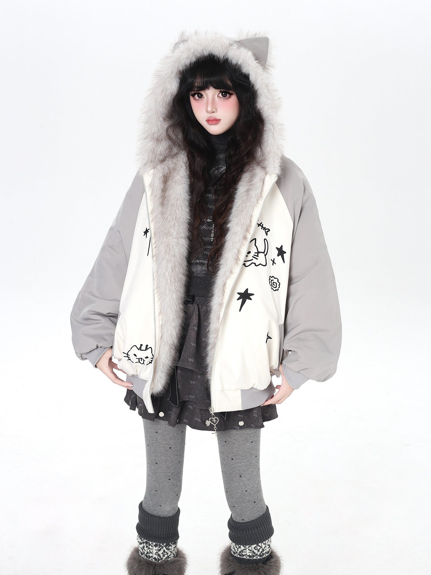 猫耳刺繍 ボリューム中綿アウター