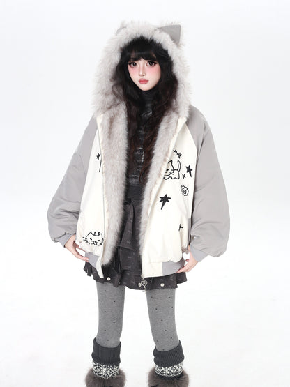 猫耳刺繍 ボリューム中綿アウター