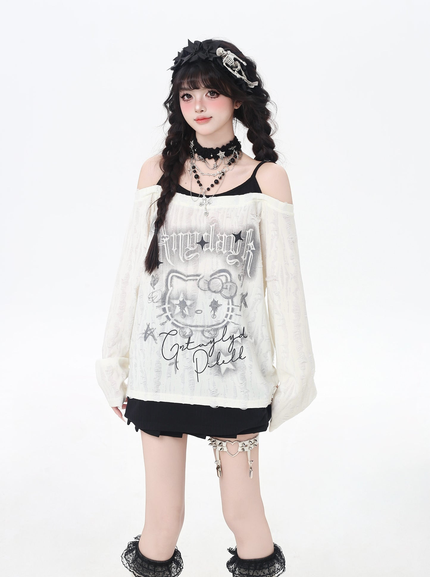 ゴシックkitty×ダメージ レイヤードロンT