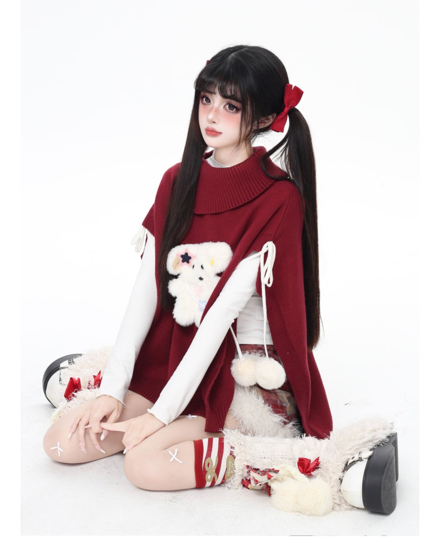 もこもこ犬モチーフニットポンチョ♡ゆるかわハイネックケープ冬