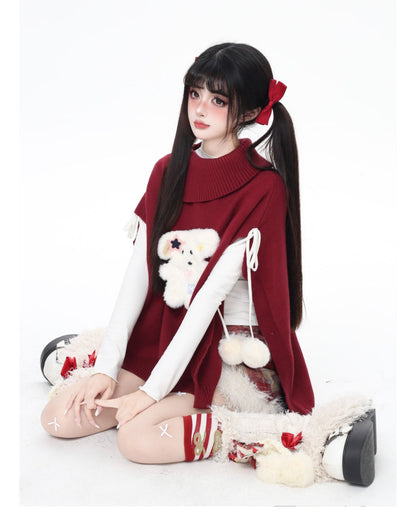 もこもこ犬モチーフニットポンチョ♡ゆるかわハイネックケープ冬